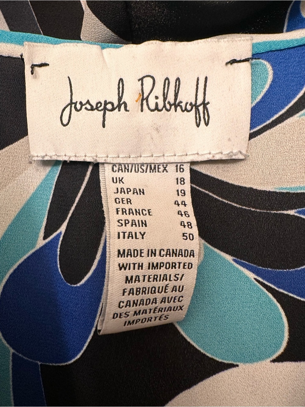 Joseph Ribkoff 16 Black & Blue Print Cap-Sleeve Blouse - Picture 2 of 7